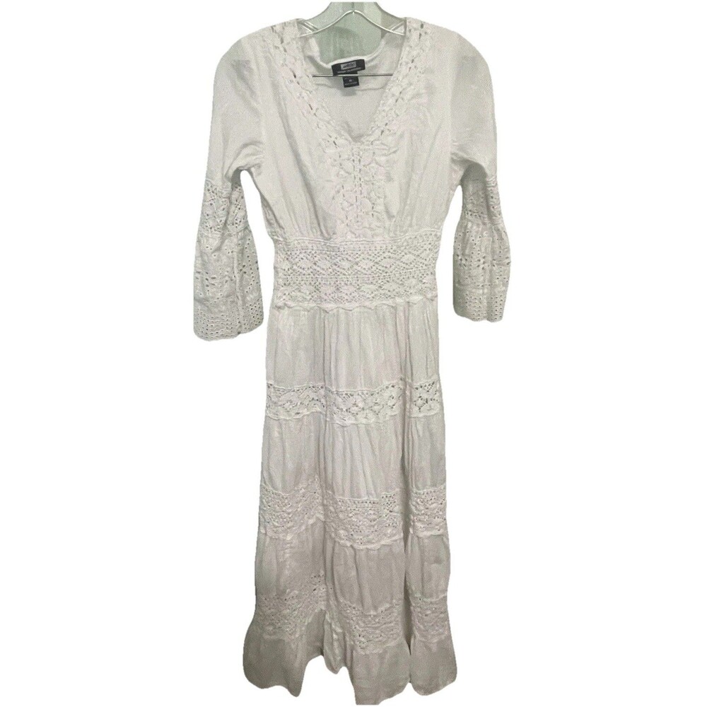 NAOO White Eyelet Layered Maxi BOHOPeasant Dress M Crochet country core